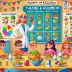 DALL·E 2024-07-05 14.06.18 – A vibrant and informative illustration showing different meal plans for children and adolescents designed by a nutritionist in Pszczyna. The scene inc