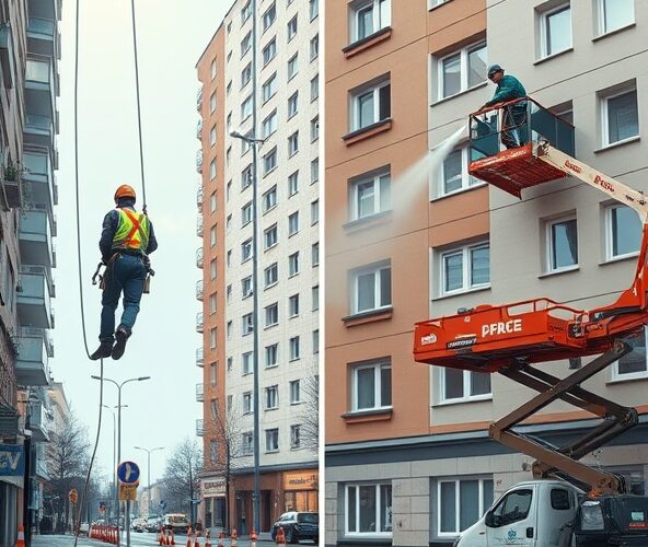 Alpinizm czy podnośnik przy czyszczeniu fasad w Ożarowie Mazowieckim?