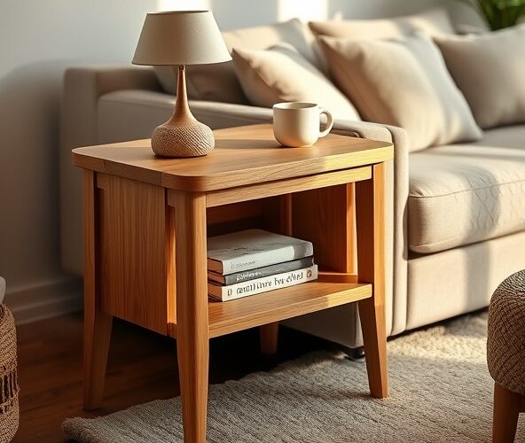 Jak wybrać stolik pomocniczy dębowy z półką do małego salonu, żeby zmieścił się obok sofy i służył też jako miejsce na książki?